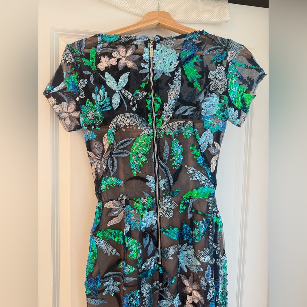 NWOT BRONX AND BANCO ZINNA EMBROIDERED EVENING Blue and Green Floral DRESS - Picture 11 of 13
